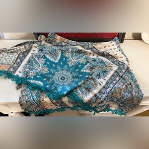 Zaful Teal and Cream Patterned Faux Wrap Fringed Skirt